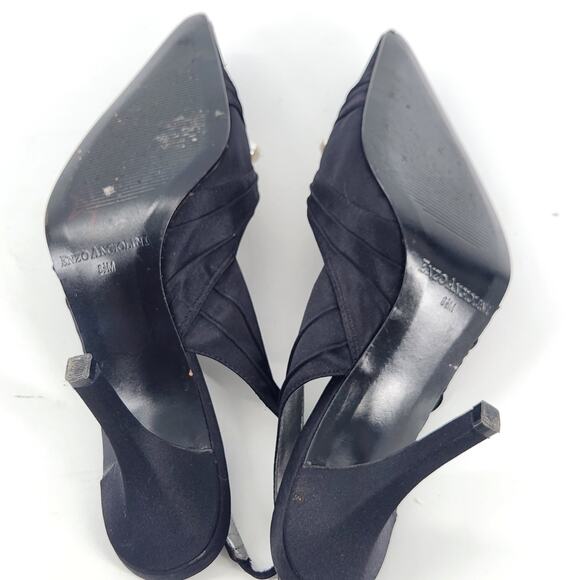 Enzo Angiolini Satin Sling Back Pointed Toe Pearl Pump Heels Womens 8.5M Black - Picture 10 of 10